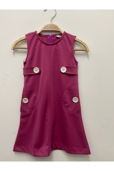 Pitti Kız FUŞYA Çocuk Örme DÜĞME AKSESUARLI CEPLİ FERMURLI Elbise 9261