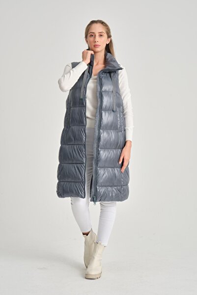 della moor Women's Petrol Blue Shiny Stand Collar Vest