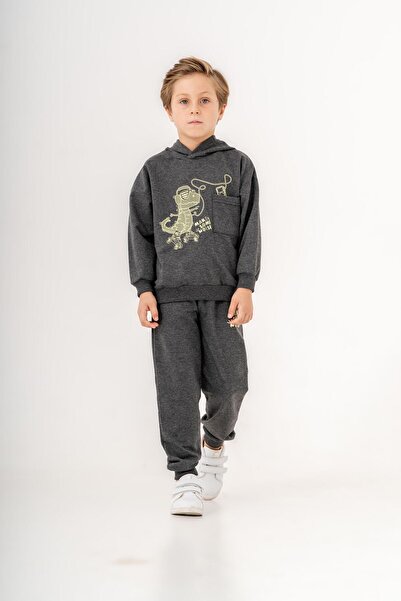 Mışıl Kids Dinosaur Make Some Noise Printed Leg Print Detailed Hooded Boy's B...