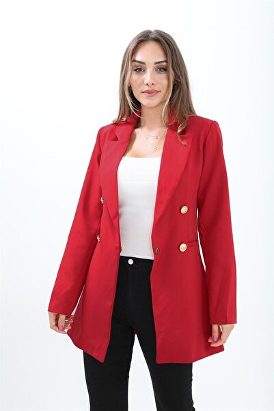 VAPUR TEKSTİL Red Atlas Fabric Padded Women's Blazer Jacket