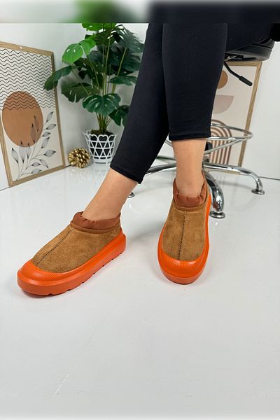 İmerShoes Cizme de damă de zi cu zi maro portocaliu - Cizme cu tocuri groase reglabile și blană cu design interior 357