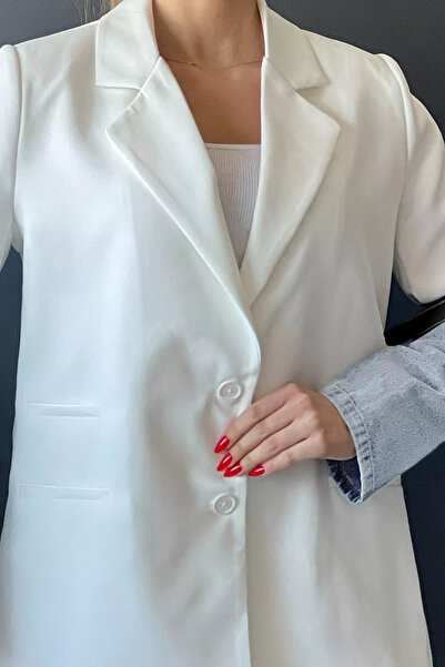 GÜLSELİ Γυναικείο σακάκι Blazer - Λευκό με τζιν γαρνιτούρα, ζώνη στο μανίκι και τσέπες