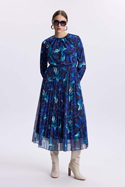 Zühre Kadın Desenli Pileli Mor Şifon Elbise E-0407