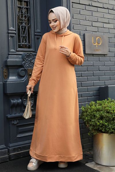Neva Style Φόρεμα Camel με Πληρώματα και Κουκούλα - 50421C