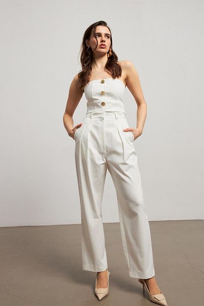 YOUR NAME High Waist Pleated Masculine Ecru Women's Trousers