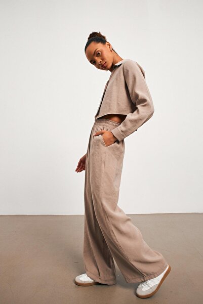 YOUR NAME Γυναικείο παντελόνι με ελαστική μέση, φαρδύ πόδι, βιζόν