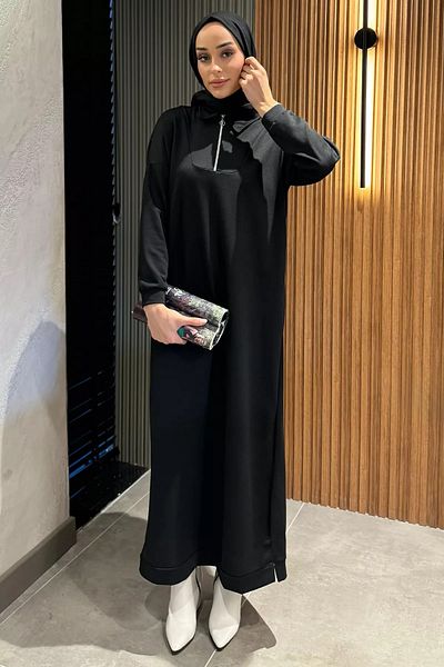 julude Μαύρο φόρεμα Hijab με μισό φερμουάρ