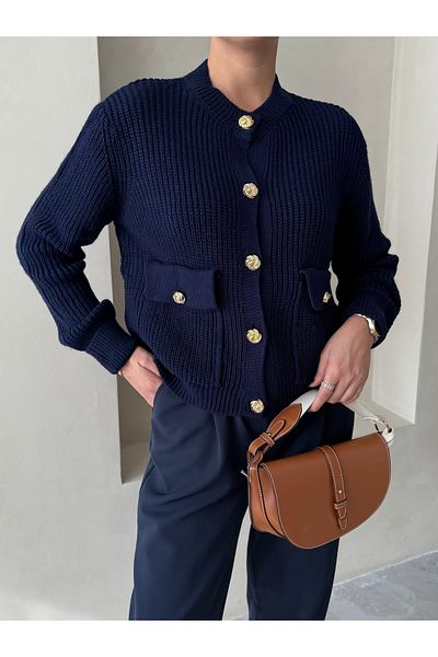 Laluvia Navy Blue Belle Rose Buttoned Cardigan-4522