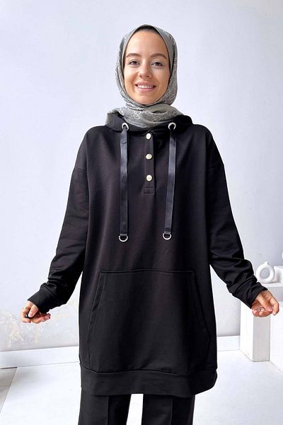 Ka Hijab Snap Detail Wide Leg Set - Black