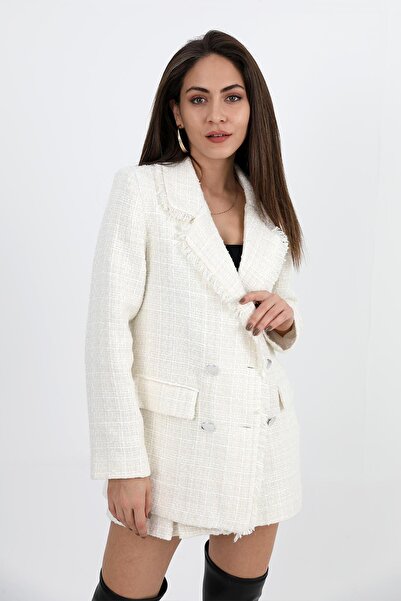 VAPUR TEKSTİL Tweed Blazer Jacket - Tassel Collar, Buttoned, Ecru