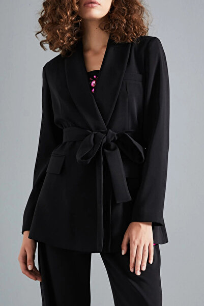 SERPİL Kuşaklı Şal Yaka Uzun Siyah Ceket 37153