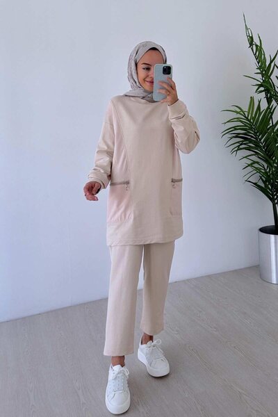 Ka Hijab Crew Neck Zipper Detailed Hijab Set of 2 - Beige