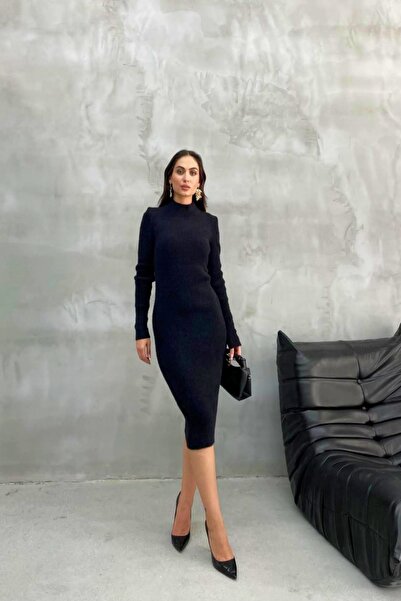 ARONA KADIN TRİKO BALIKÇI YAKA YÜN KARIŞIMLI SİYAH ELBİSE