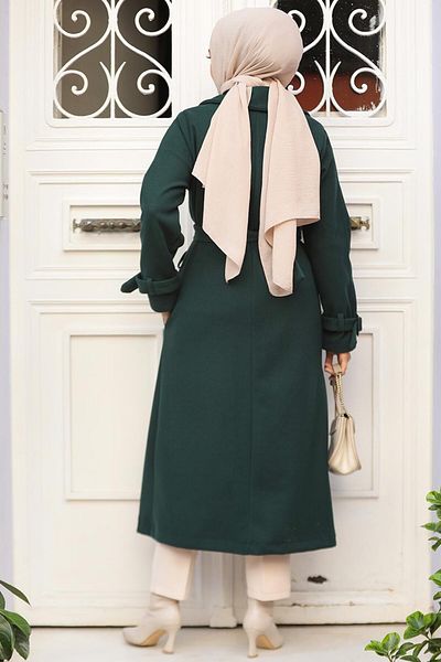 Neva Style Emerald Green Belted Stamped Hijab Coat - 61251Zy