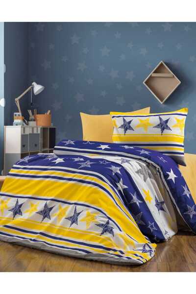 Gasel Home Yellow Navy Blue Fan Single Duvet Cover Set (Sheet with Elastic)