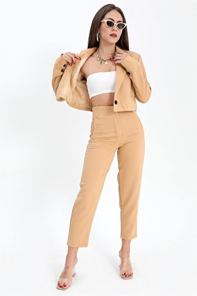 VAPUR TEKSTİL Camel Crop Blazer Jacket - Double Peto Pockets