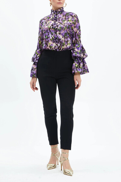SERPİL Çiçek Desenli Volan Kollu Fırfırlı Yaka Şifon Mor Gömlek 39282