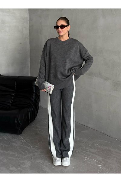 Laluvia Anthracite Helga Trousers Striped Knitwear Set