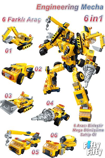 Vagonlife Qman Keeppley 6 in 1 Engineering Mecha - Contains 6 Different Vehicles - Toy Construction Set1417