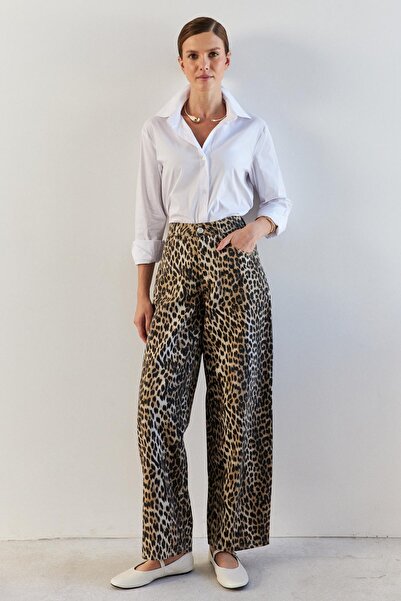 YOUR NAME Blugi de damă drepti Camel cu talie înaltă cu model leopard