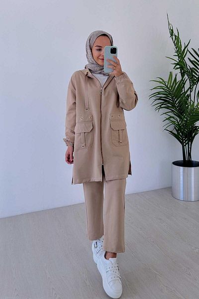 Ka Hijab Camel Eyelet Detailed Hooded 2-Piece Hijab Set - Two Thread