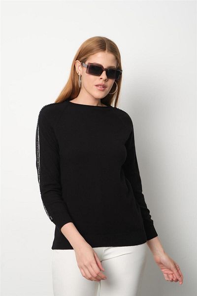 Moda Days Pulover de damă cu mâneci cu strasuri negre