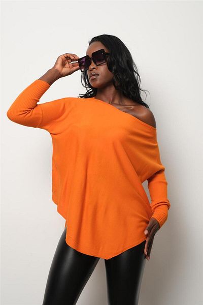 Moda Days Dámský oranžový asymetrický svetr lodičkový výstřih