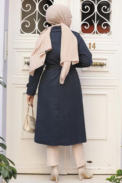 Neva Style Belted Navy Blue Stamped Hijab Coat 61210L
