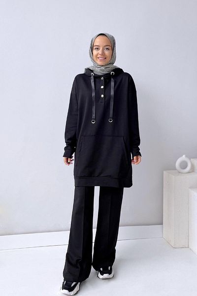 Ka Hijab Snap Detail Wide Leg Set - Black