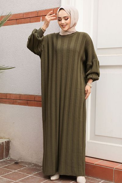 Neva Style Rochie tricotată Hijab cu nervuri kaki - 30633HK
