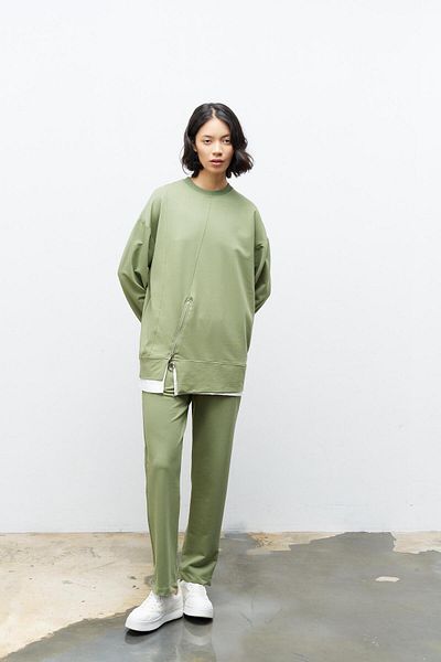 Basicpark Dark Khaki Women's Skirt Single Jersey Zipper Detailed Elastic Waist Cotton Knitted Bottom Top Set