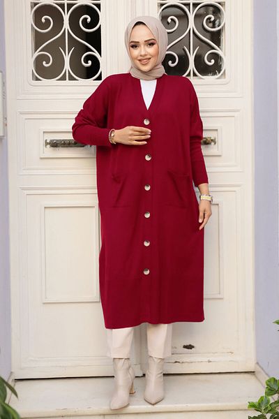 Neva Style كارديجان تريكو حجاب أحمر كلاريت بأزرار 30582BR