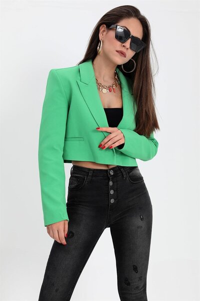 VAPUR TEKSTİL Green Short Crop Blazer Jacket - Double Peto Pockets