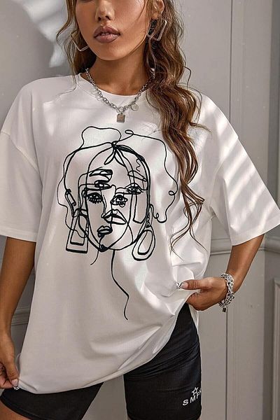Frisson Women's White Face Printed Crew Neck Oversize Cotton T-Shirt