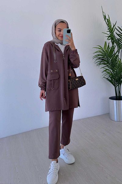Ka Hijab 2-Piece Hijab Set with Hood and Eyelet Detail - Brown