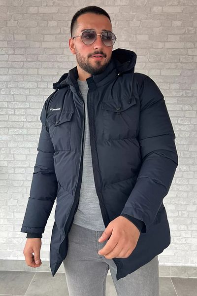 MİSHAR İTALİA Мъжко палто с качулка в тъмносиньо и плюшено покритие