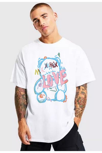 Frisson Bear Love Printed Crew Neck Oversize Cotton T-Shirt