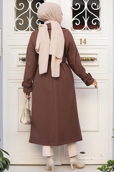 Neva Style Brown Stamped Hijab Coat - Belted, 61251Kh