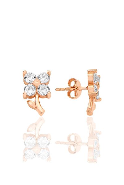 Söğütlü Silver Gümüş rose zirkon taşlı şans çiçeği yonca küpe SGTL12623BEYAZ