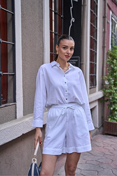 YOUR NAME Λευκό λινό γυναικείο σορτς - Ελαστική μέση