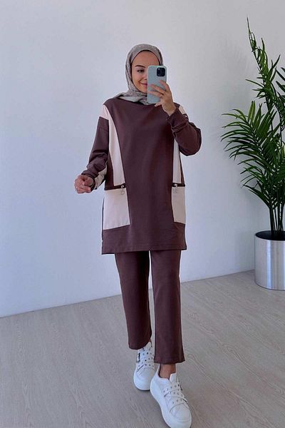 Ka Hijab Crew Neck Zippered Hijab Set of 2 - Brown
