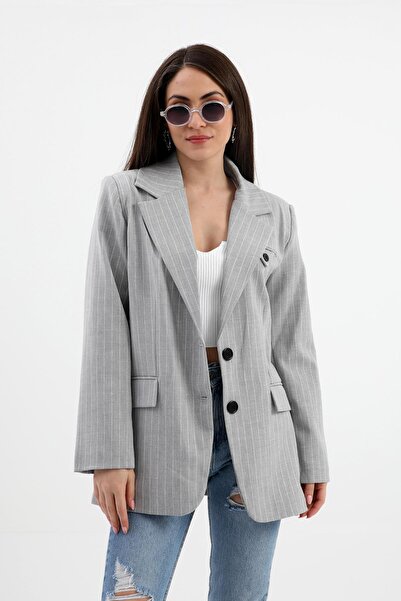 VAPUR TEKSTİL Blazer Jacket Striped Atlas Fabric - Gray