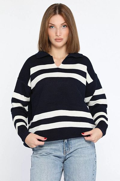 GÜLSELİ Navy Cream Polo Collar Striped Women's Knitwear Sweater