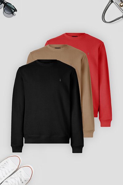 COMBİNE MİCHAİL Men's Sweatshirt Set of 3 - Black, Red, Caramel Crew Neck