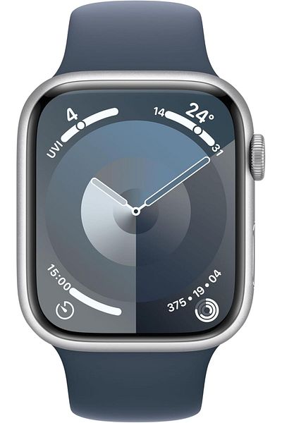 Apple WATCH SERIES 9 GPS 45MM SILVER ALUMINIUM CASE WITH STORM BLUE SPORT BAND - M/L