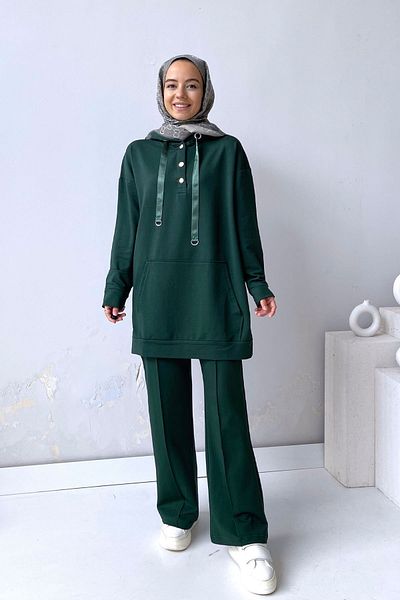 Ka Hijab Snap Detail Wide Leg Set - Emerald Green