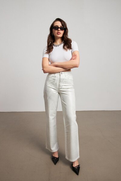 YOUR NAME Yüksek Bel Gümüş Varaklı Kadın Wide Leg Jean