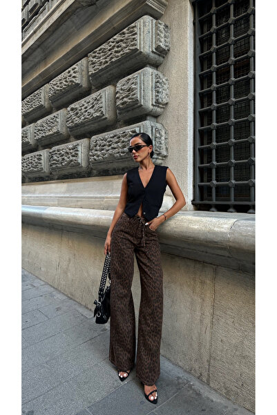 YOUR NAME بنطال جينز نسائي عالي الخصر بطبعة جلد الفهد - بني، ساق واسعة