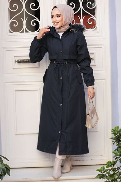 Neva Style Navy Blue Fur Hijab Parka - 90281L