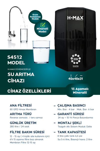 H-MAX Reverse Osmosis System HMAX S4512 Modeli 12 Litre 15 Aşama Su Arıtma Cihazı 80 Gpd Membran
